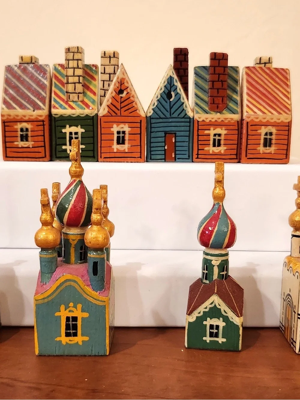 10 pc. Incredible Vintage Hand Painted Wood Russian Churches & Village Folk Art